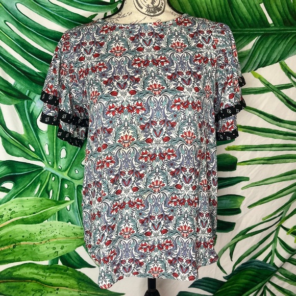 Loft XS Maximalist Floral Leaf Print Office Spring Tiered Ruffle Sleeve Blouse - Picture 2 of 8